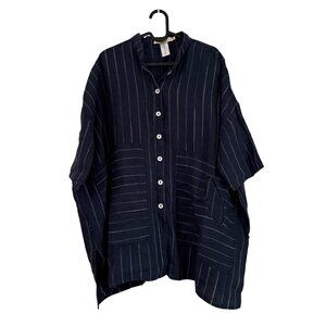 Cheyenne Navy Striped Linen Artsy Lagenlook Oversized Boxy Shirt Womens S/M